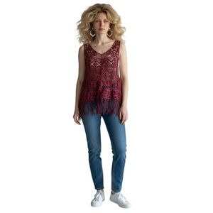 Deep Red Bohemian Lace Knit Tassel Tank Top Cover